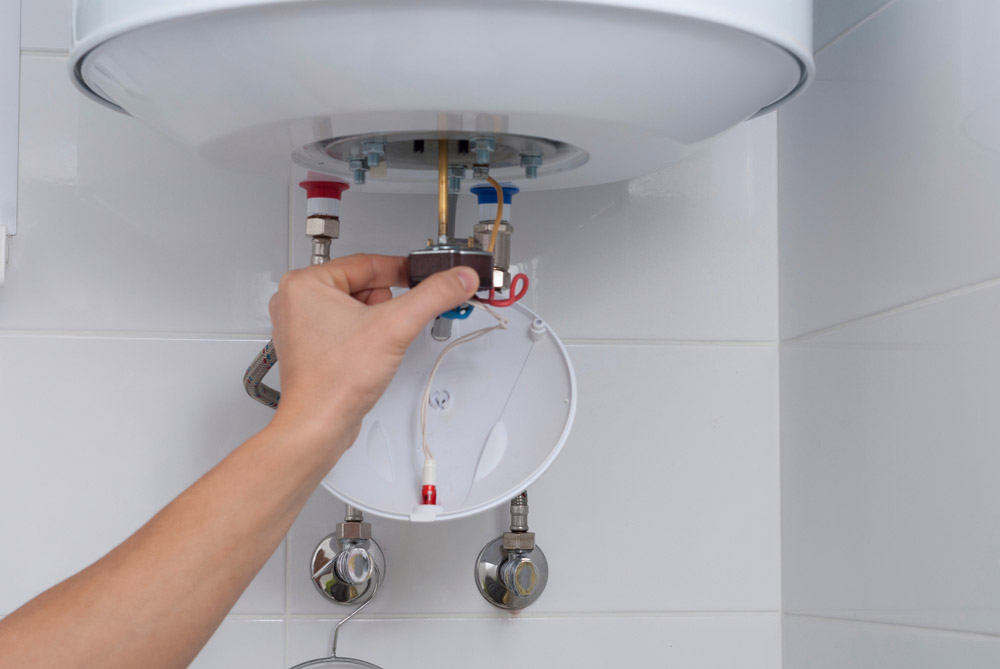 plumber holds a thermostat from water